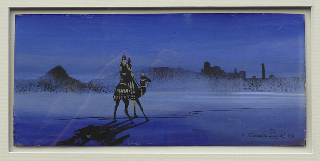Painting depicting desert night scene with camel by Kenneth Baldwin Smith ARCA
