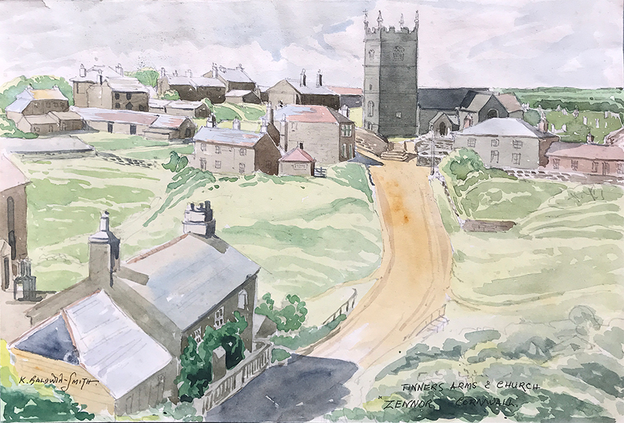 Watercolour of Zennor, Cornwall by Kenneth Baldwin-Smith ARCA